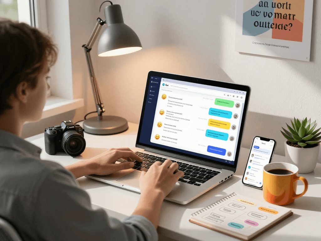 Dynamic spicy ai chat interface on a sleek workspace, vibrant user engagement, creative atmosphere