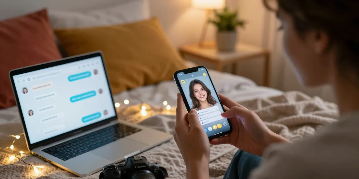 A cozy bedroom scene with a person engaging in a sex chat AI conversation on their smartphone, creating an intimate digital experience.