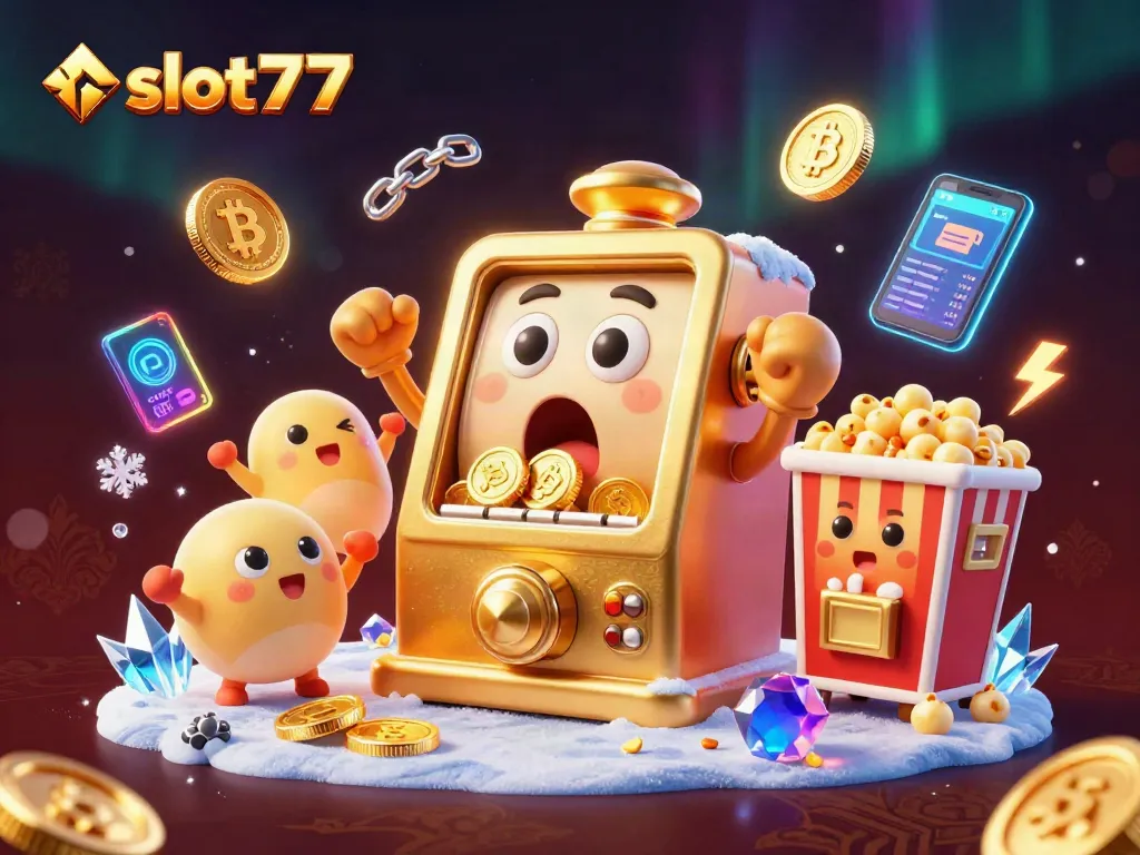 Experience the thrill with slot777 as a golden slot machine hits a jackpot in a vibrant casino scene.