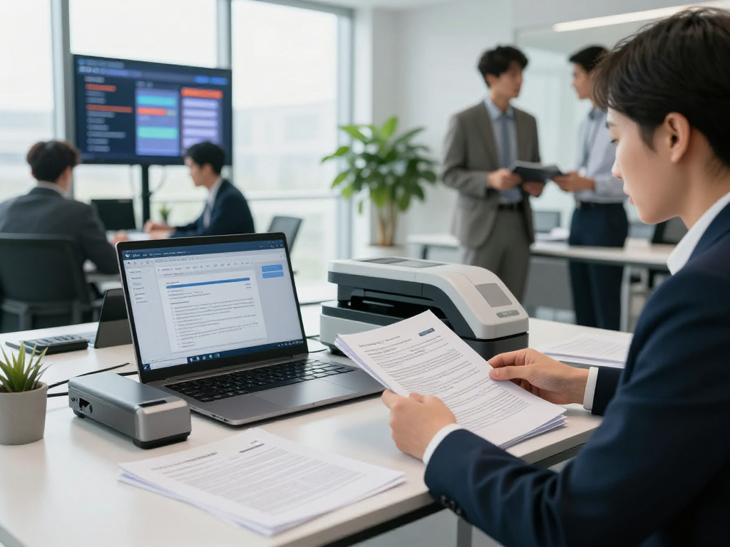 Compliance officer examining documents with document fraud detection software in a modern financial office.