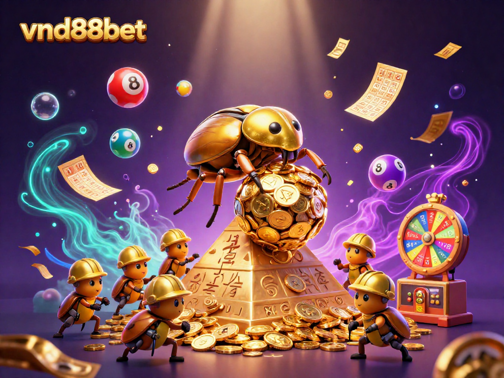 Engage with vibrant lottery elements at vnd88bet featuring golden coins and colorful game accessories.