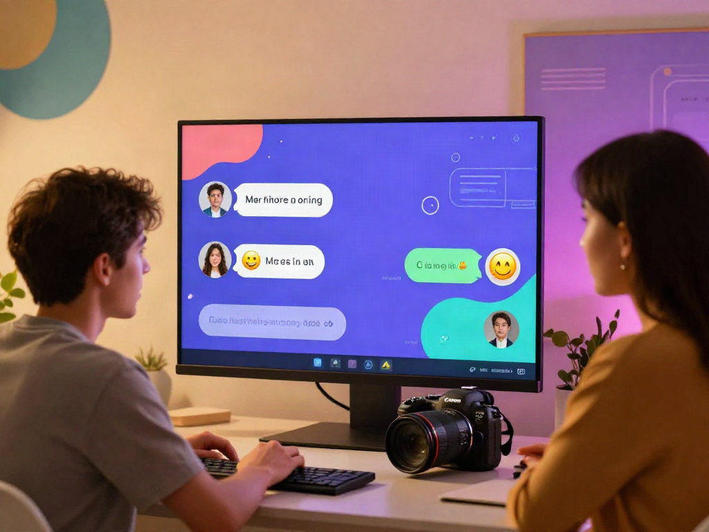 Interactive virtual chat scene showing avatars engaging in free ai sex chat, surrounded by vibrant tech elements.