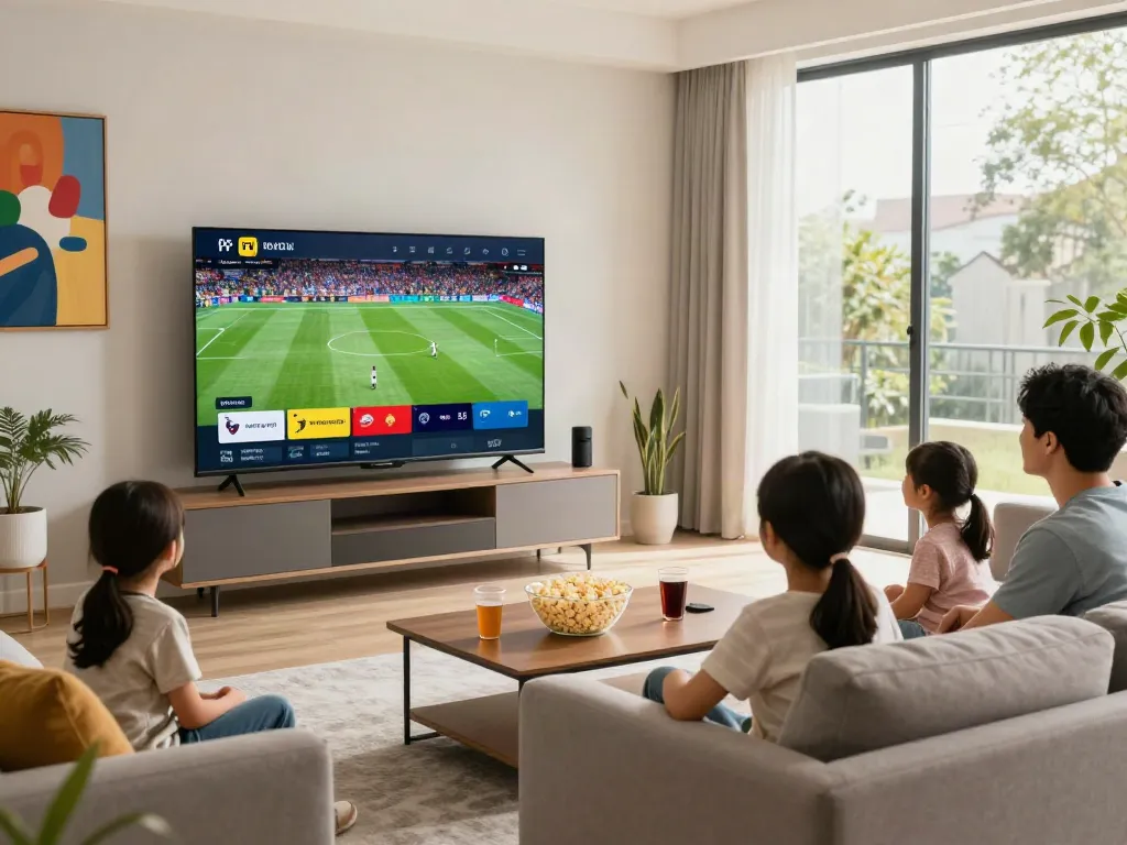 Experience test iptv with a family enjoying sports in a cozy living room.