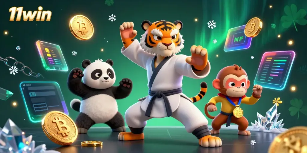 Engage in thrilling gameplay at 11win with a lively casino scene illustrated in vibrant detail.
