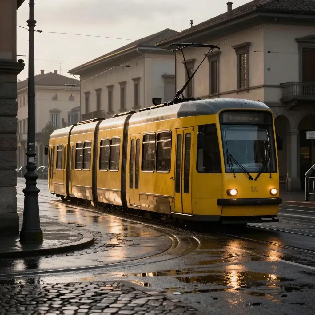 Tram giallo a Milano sotto la pioggia, tra facciate di Brera e lampioni in ferro.