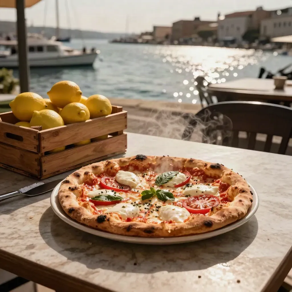 Pizza margherita su terrazza sul porto con cassetta di limoni e mare sullo sfondo