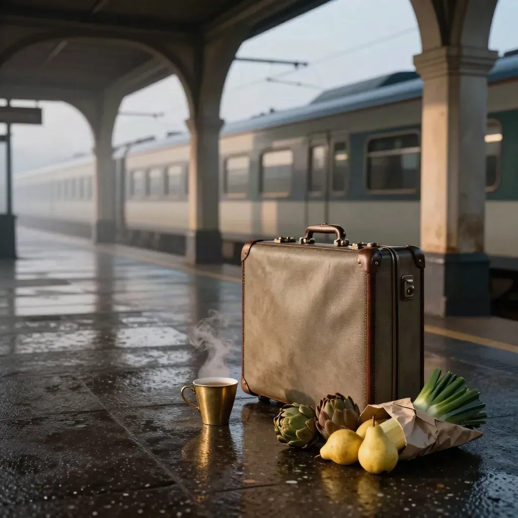 Valigia, espresso e treno regionale sotto archi di travertino al mattino