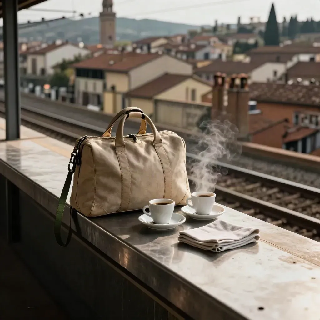 Pausa colazione in stazione con borsa weekender, due tazzine e tetti di Firenze oltre i binari.
