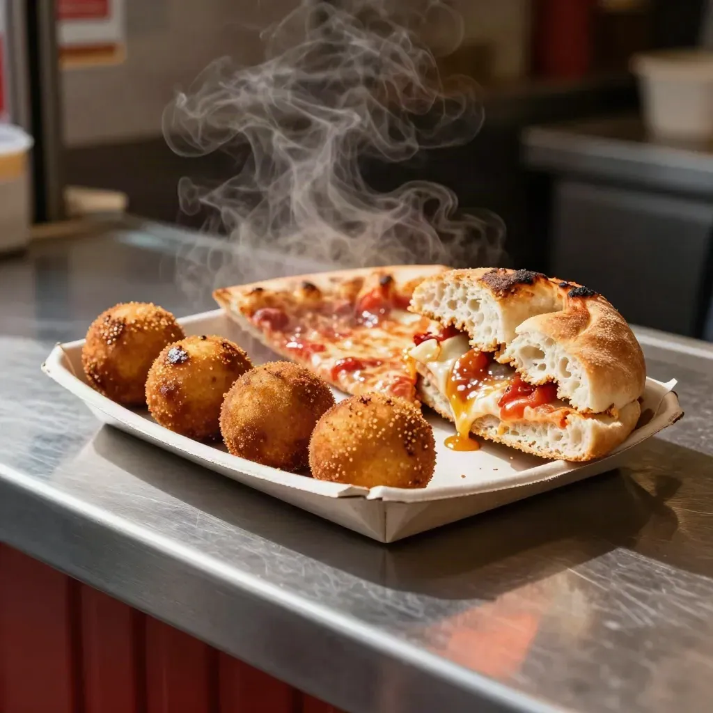 Vassoio di arancini, pizza al taglio e panino aperto su banco inox, con vapore caldo.