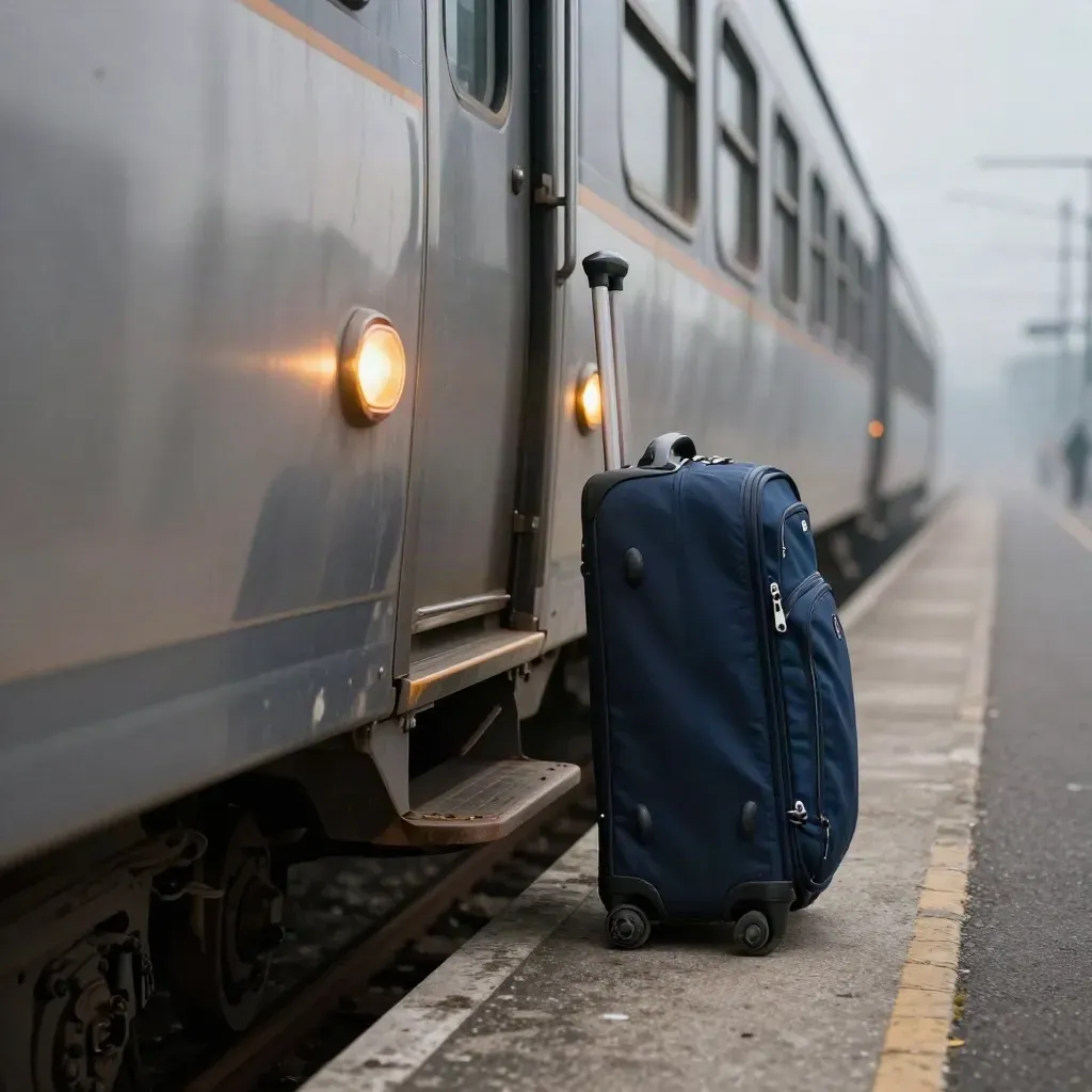 Bordo di banchina e porta di un treno regionale che si chiude, con trolley in attesa.