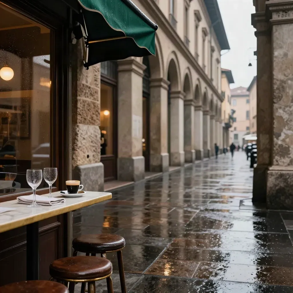 Terrazza di caffè torinese dopo la pioggia, bicerin e facciata di museo sotto i portici.