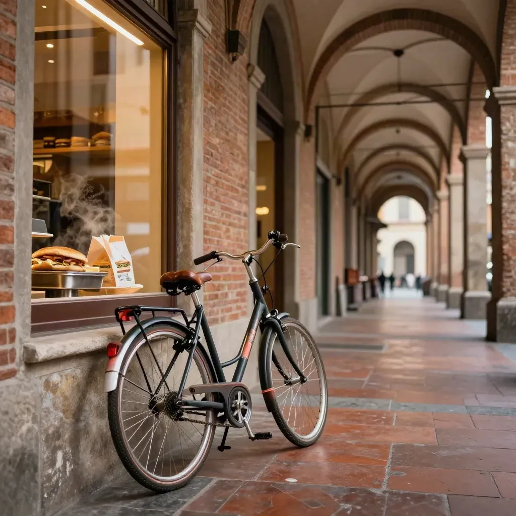 Bicicletta sotto i portici di Bologna, con paninoteca luminosa e pietra calda.