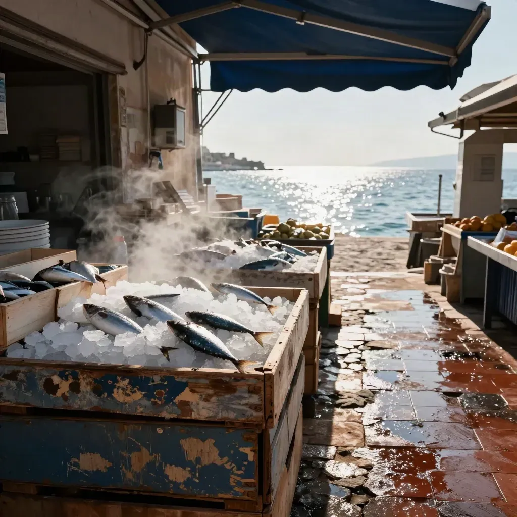 Bancarella di pesce siciliana verso il mare, casse di agrumi e ghiaccio al sole