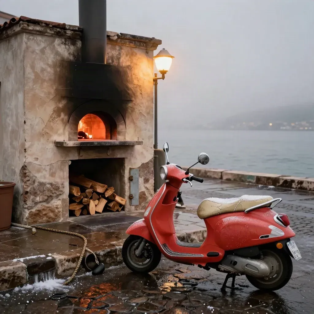 Scooter e forno a legna su un molo napoletano bagnato, con mare e spruzzi sullo sfondo.