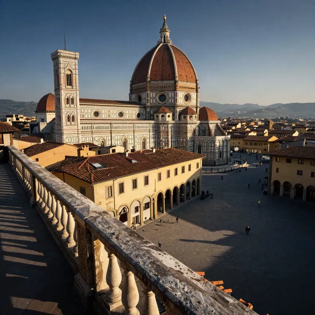 Vista di Firenze dall’alto con il Duomo, tetti in terracotta e piazza silenziosa