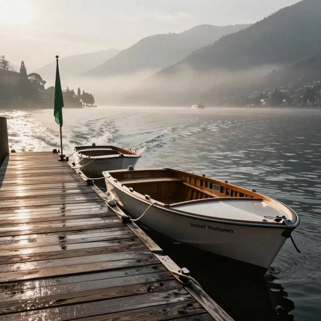 Molo del Lago di Como all’alba, barche ormeggiate, scia del traghetto e monti nella foschia.