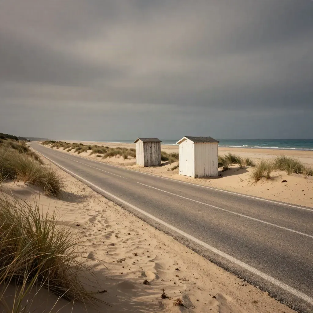 Strada costiera sarda vuota tra dune piegate dal vento, cabine chiuse e mare pallido