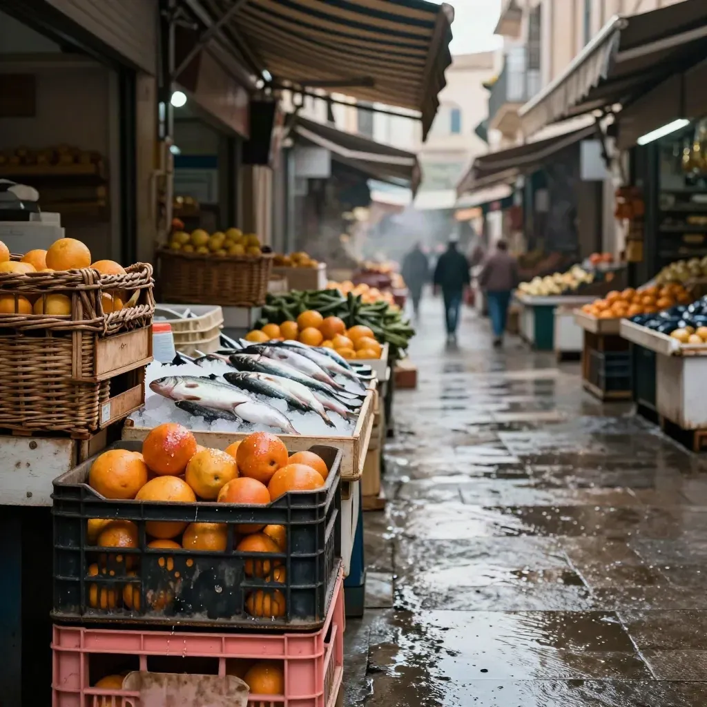 Corsia del mercato di Palermo con cassette di agrumi, pesce sul ghiaccio e teli a strisce