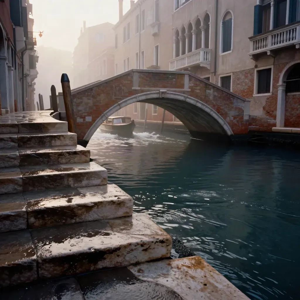 Canale di Venezia all’alba, ponte vuoto, scia del vaporetto e pietra bagnata nella nebbia.