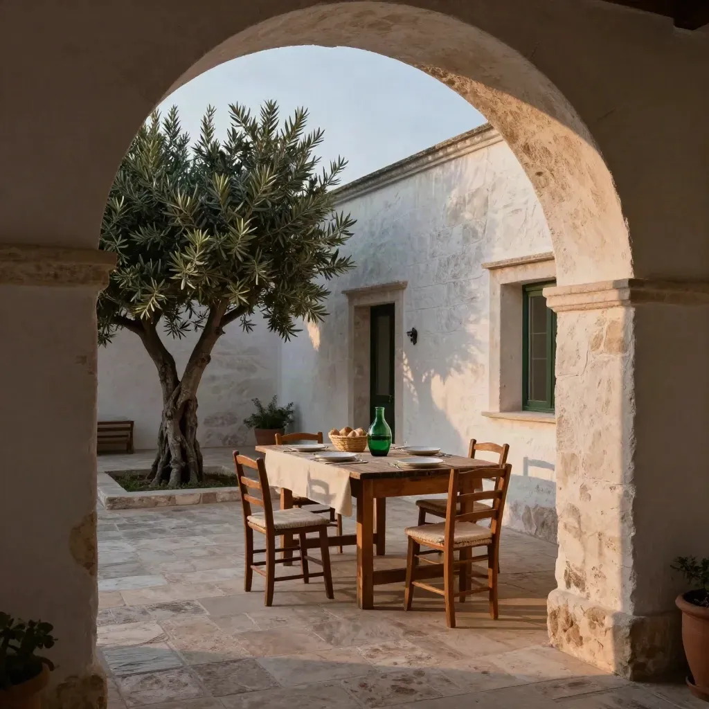Cortile pugliese al tramonto con tavolo apparecchiato, ulivi e muri di pietra bianca.