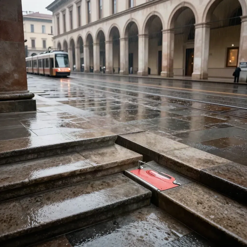 Cortile di un museo milanese bagnato dalla pioggia, tram sul bordo e riflessi sulle pietre.
