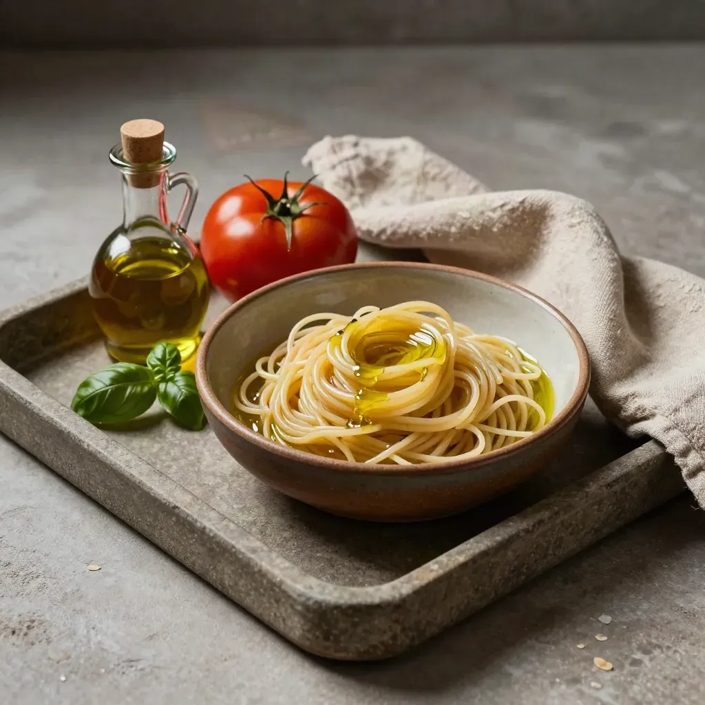 Ciotola di pasta bronzea con pomodoro, basilico e olio su vassoio in pietra.