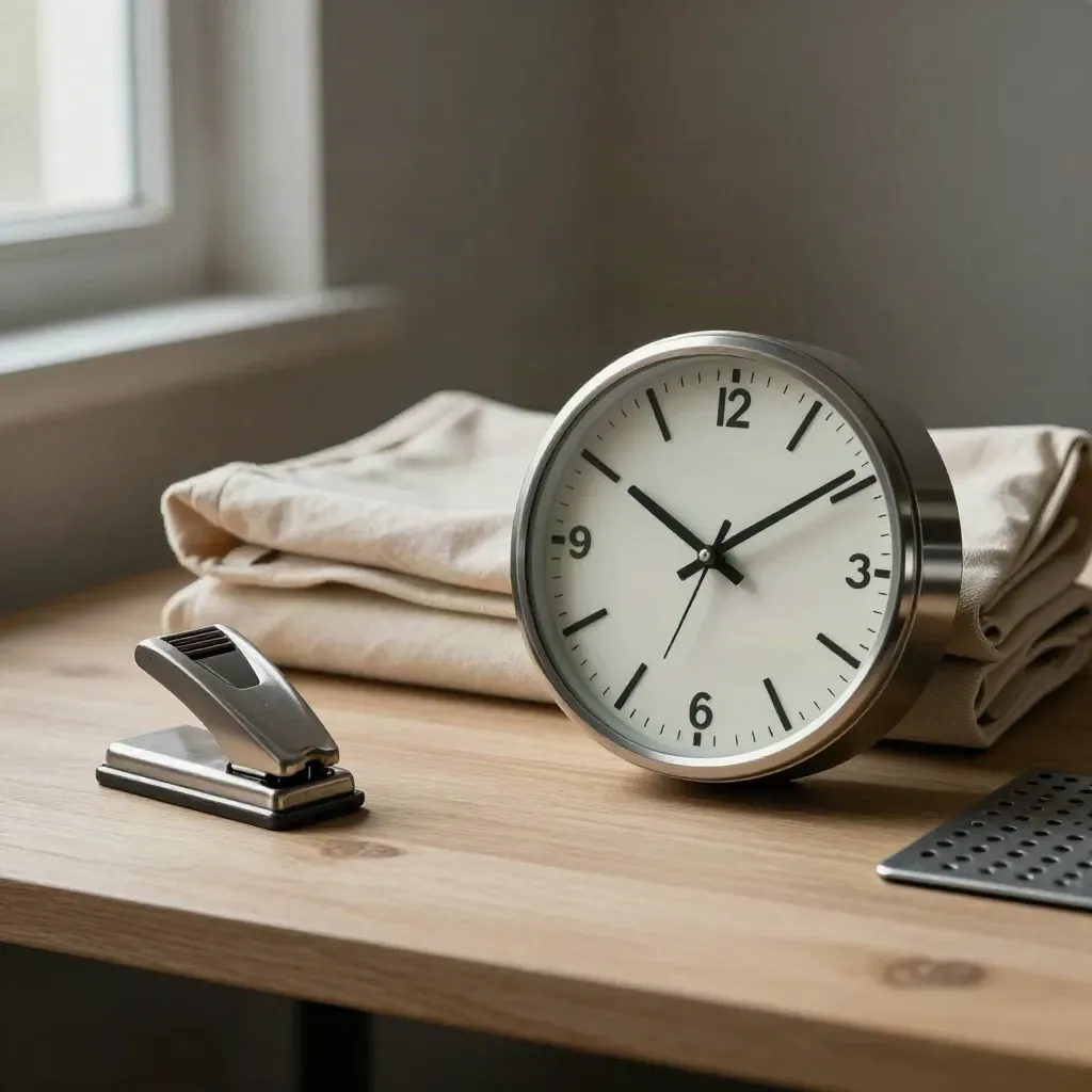 Orologio di stazione, borsa in tela, obliteratrice e panca metallica su legno chiaro.