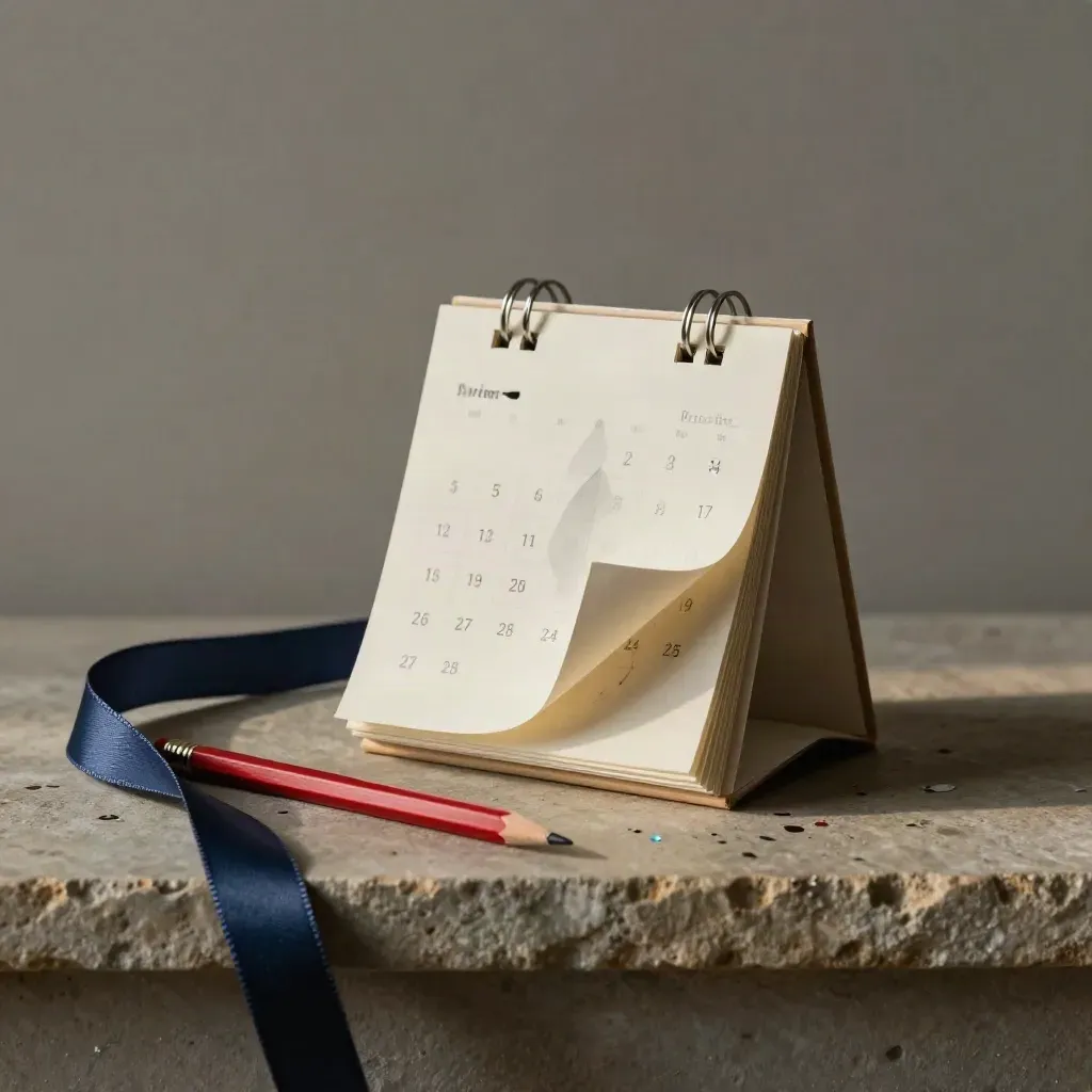 Calendario a strappo, matita rossa e nastro blu su mensola di pietra con coriandoli.