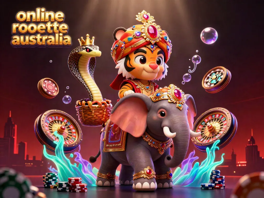 Engaging visual of online roulette Australia featuring a vibrant casino scene with a tiger and elephant.