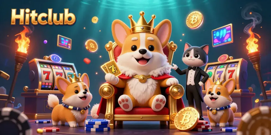 Hitclub showcases vibrant 3D casino elements with royal corgi and dynamic gaming atmosphere.