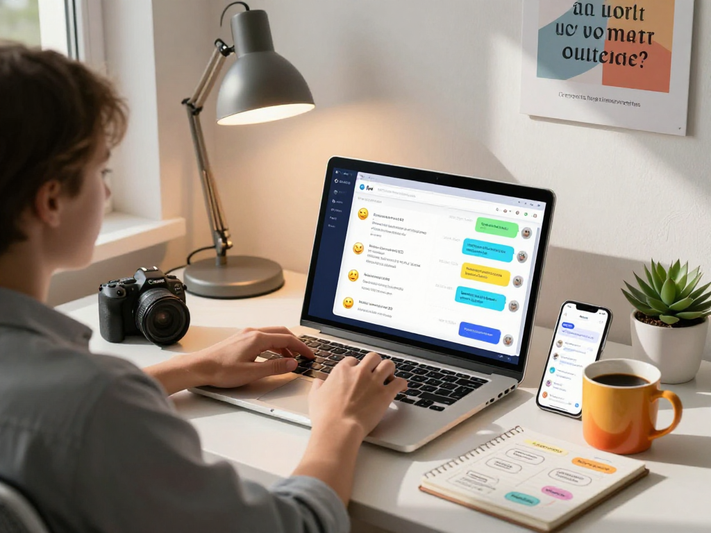 Dynamic spicy ai chat interface on a sleek workspace, vibrant user engagement, creative atmosphere