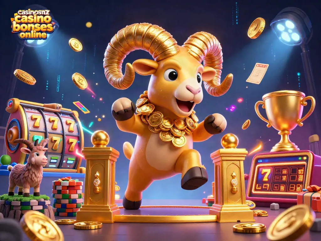 Casinosnz casino bonuses online showcase with 3D golden ram and vibrant gaming elements.